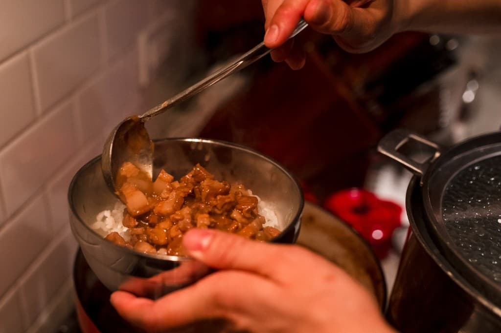 Braised pork belly over rice with cilantro and pickled radish